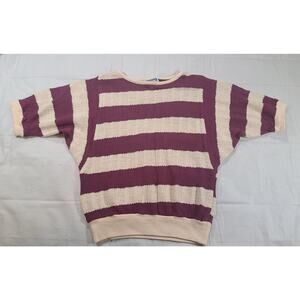Vintage 1960s Striped Knit Short Dolman Sleeve Sweater Women Small Purple Ivory